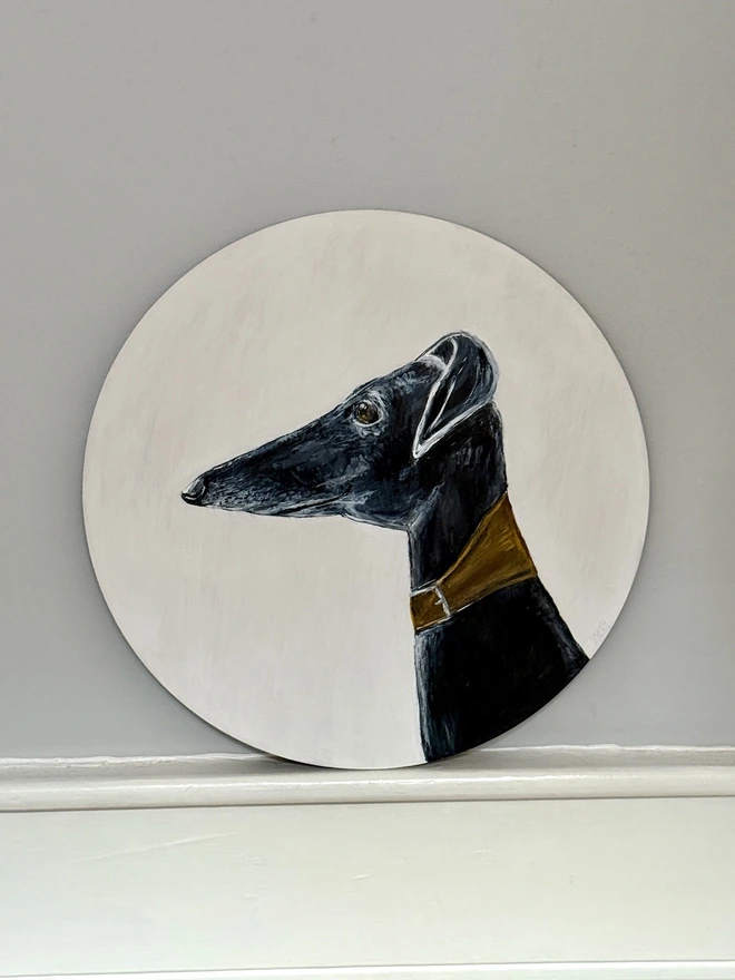 Large Hand-Painted Greyhound Dog Art Picture painted onto a wooden circular background 