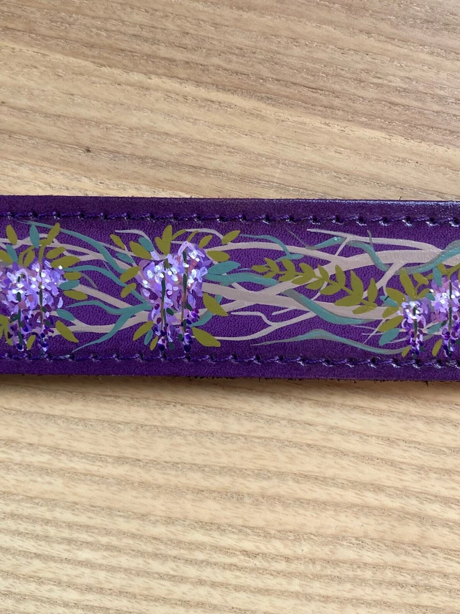 purple hand painted floral leather dog collar