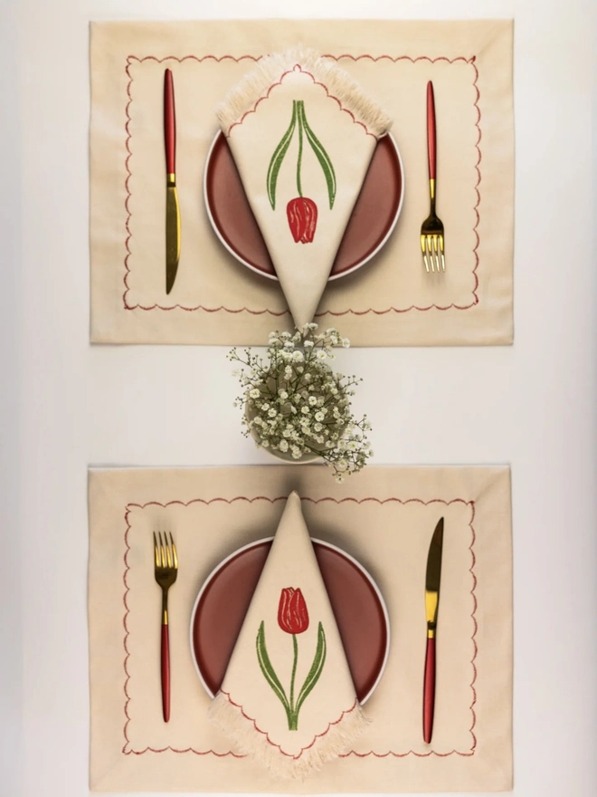Block Printed Fringed Napkins Tulips (Set Of 2)