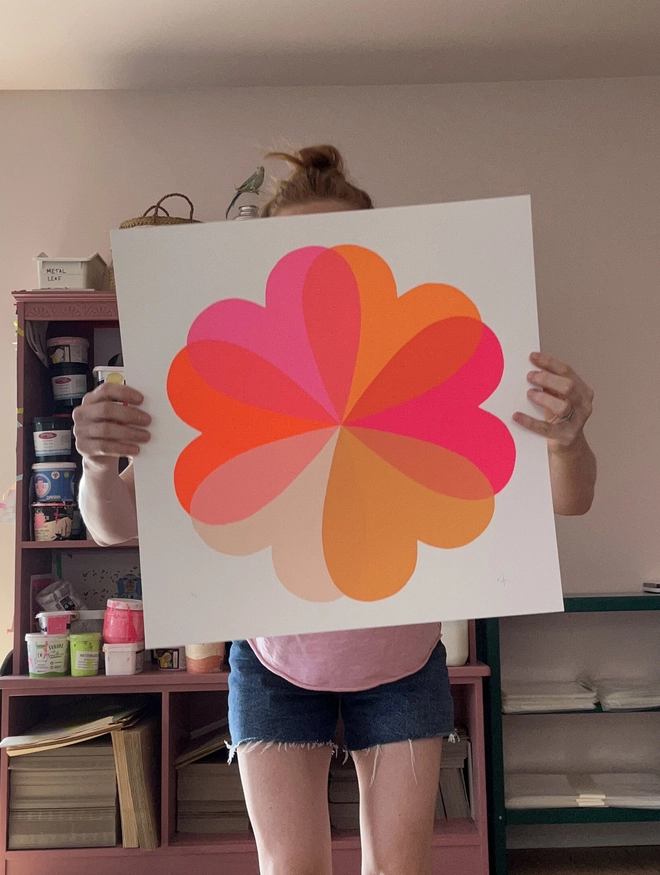 Orange and Pink Hearts and Flowers Screen Print