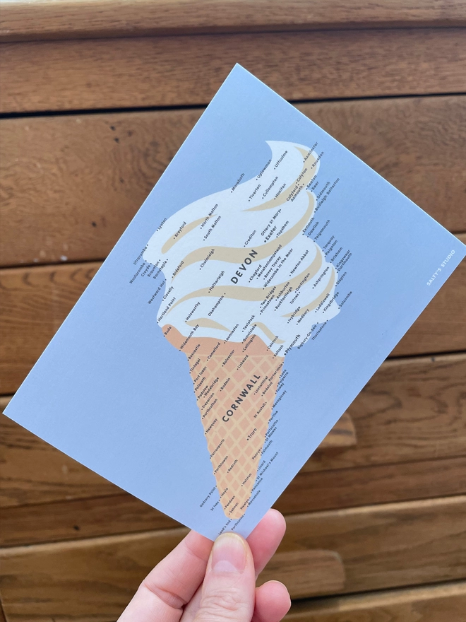 ice cream map postcard held up in front of wooden drawers 
