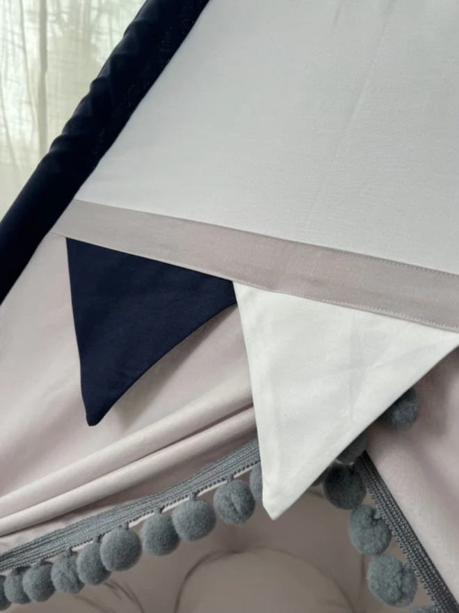 Personalised White, Light Grey and Navy Bunting Teepee. A teepee in a child’s bedroom.