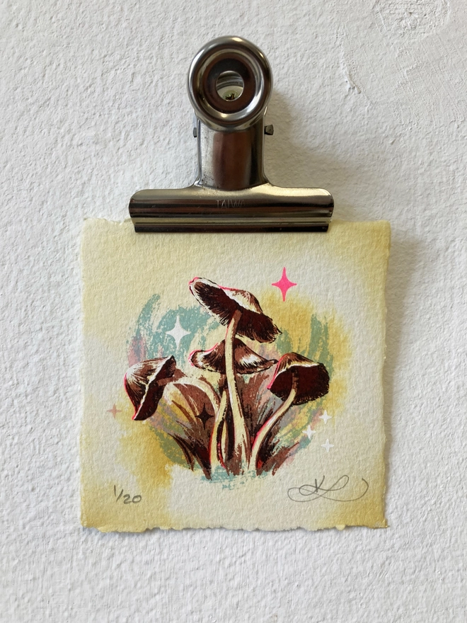 Miniature screenprint and watercolour painting of fungi called The Fortune Tellers by artist KATH LEONE