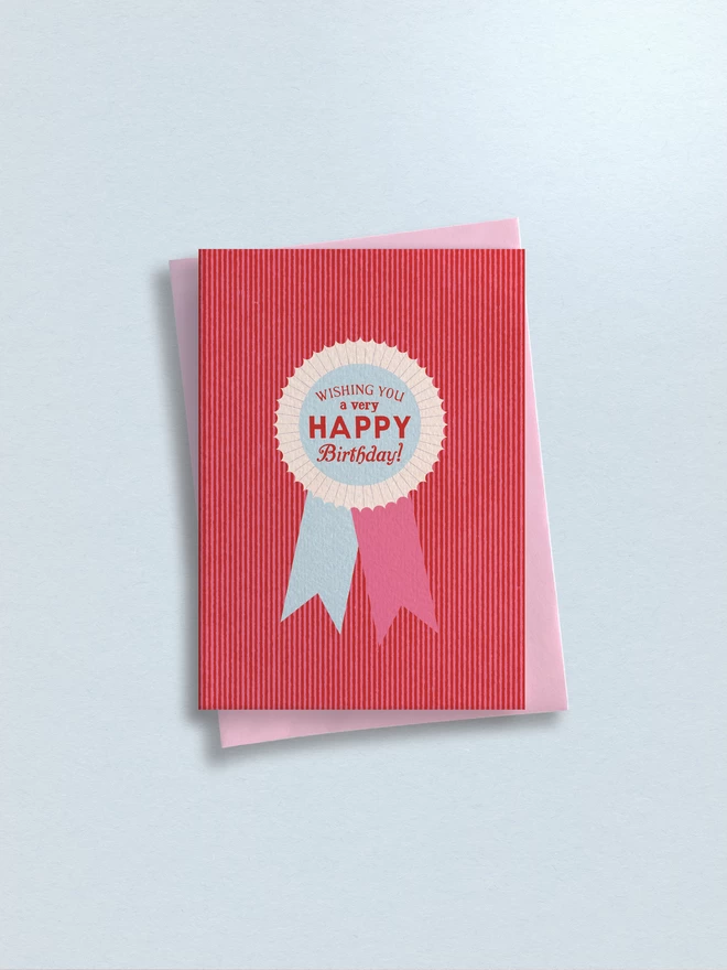 Flora Fricker 'Wishing you a very Happy Birthday!' vintage rosette card in pink, red and blue