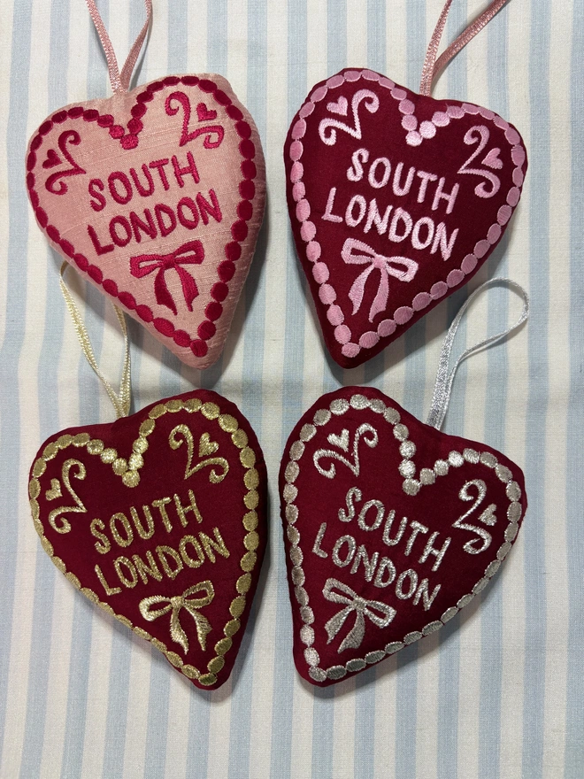 Colour reference south London heart ornaments 
1. Red thread pink silk
2. Pink thread red silk
3. Gold thread red silk
4. Silver thread red silk