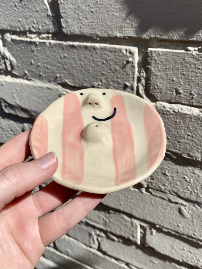 pink stripe incense dish