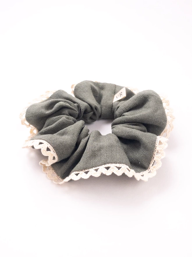 Vanessa Rose Hair Scrunchie in linen with lace edge