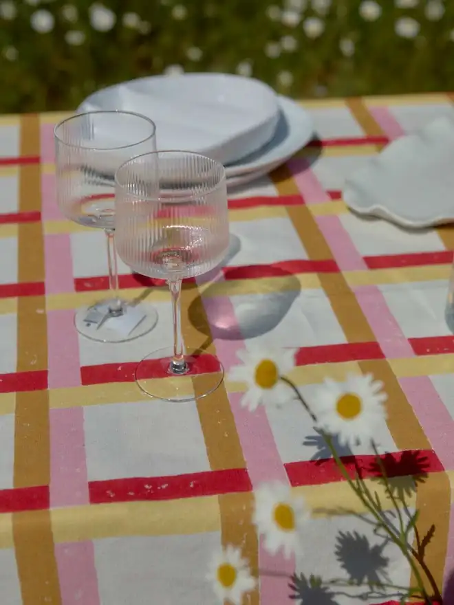 Upclose Red, sand, pink and yellow gingham tablecloth in a field