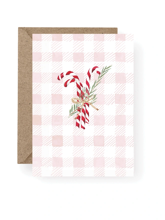 gingham background illustrated candy cane christmas card