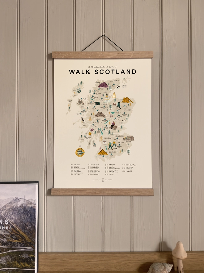 Walk Scotland map print, framed, hung on a wall