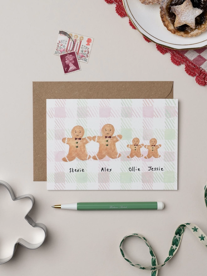  Personalised Gingerbread Family of 4 Christmas Card