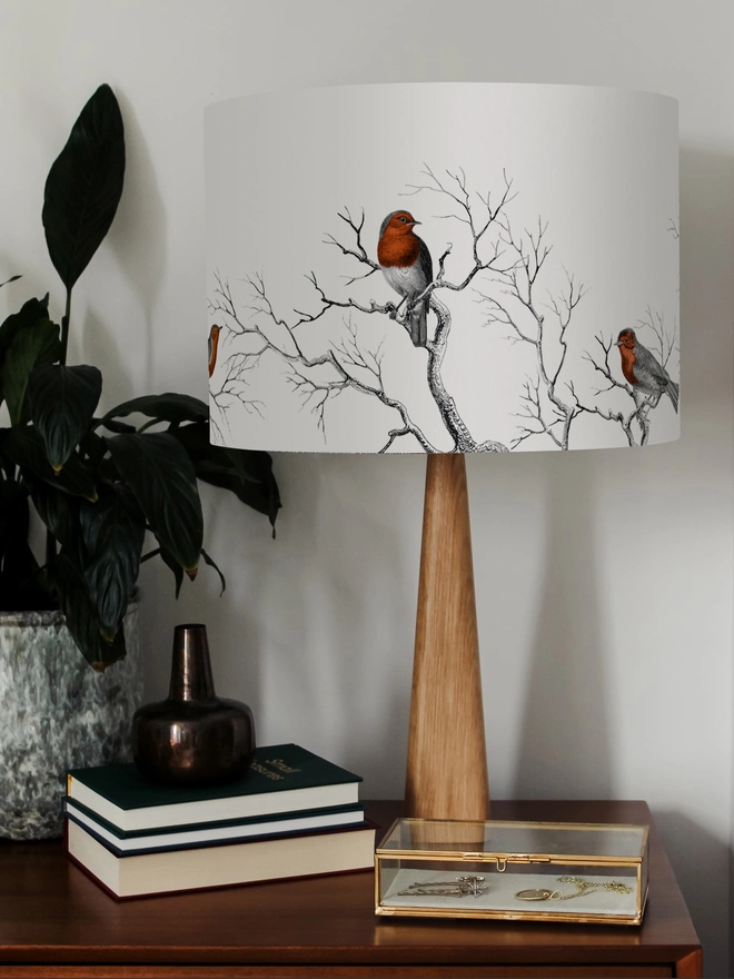Handmade robin lampshade inspired by British gardens and vintage natural history illustrations