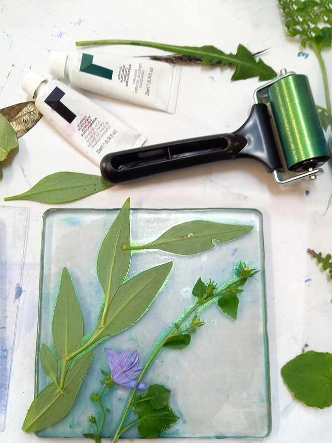 Using the GelliArts gel plate with plant meterial to create a monoprint