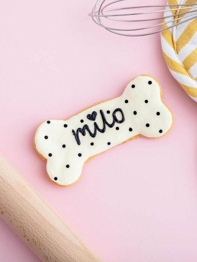 white spots personalised iced dog bone biscuit