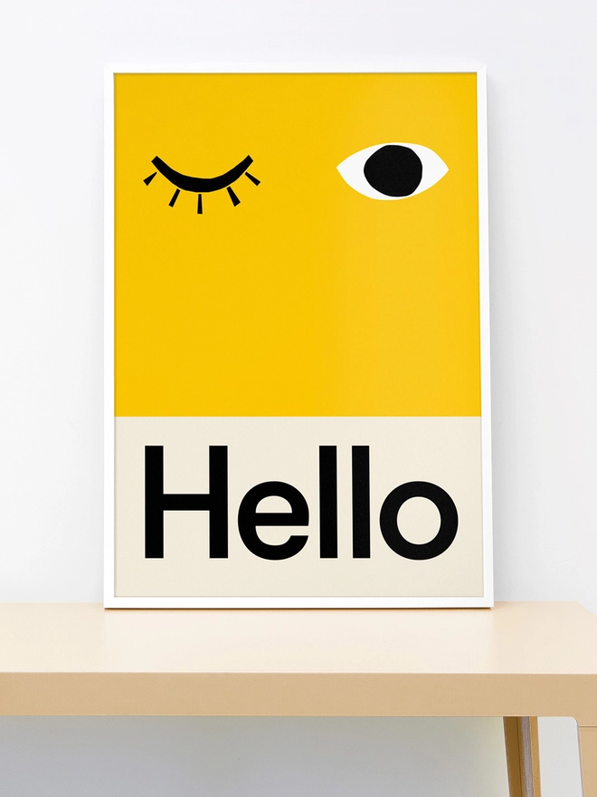 bold yellow wall print with word Hello