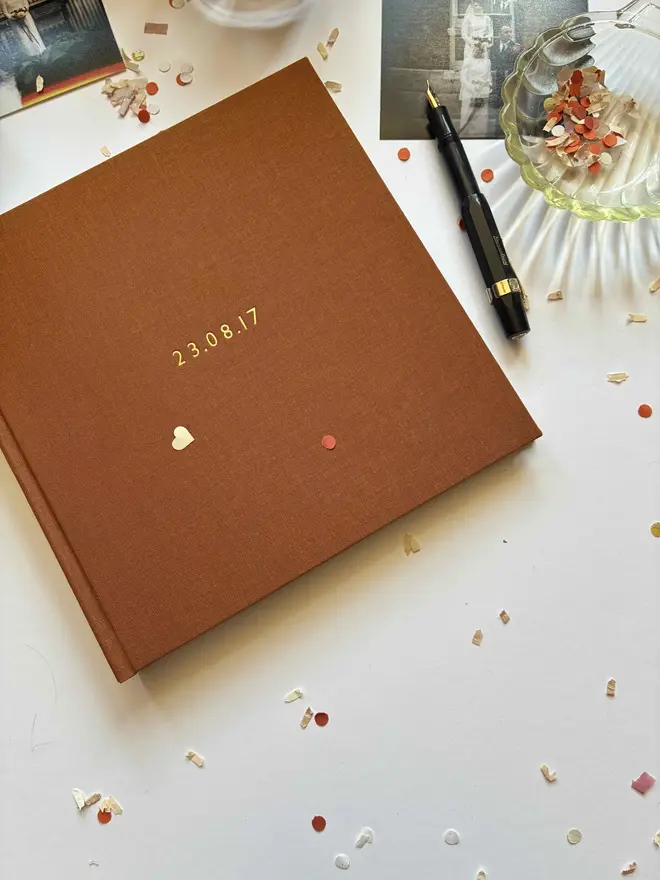 Larger handmade instant photo guestbook by Keep Collect in Nutmeg brown cloth and gold foil lettering