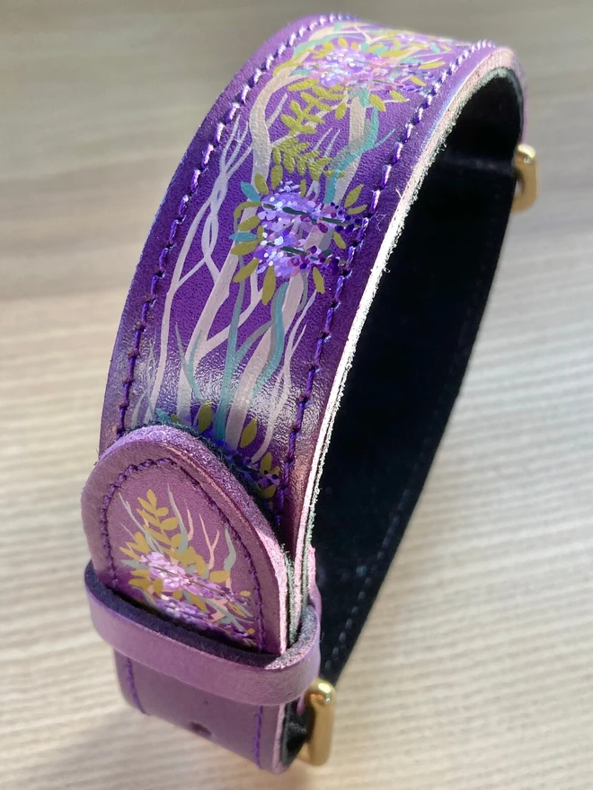 purple hand painted floral leather dog collar