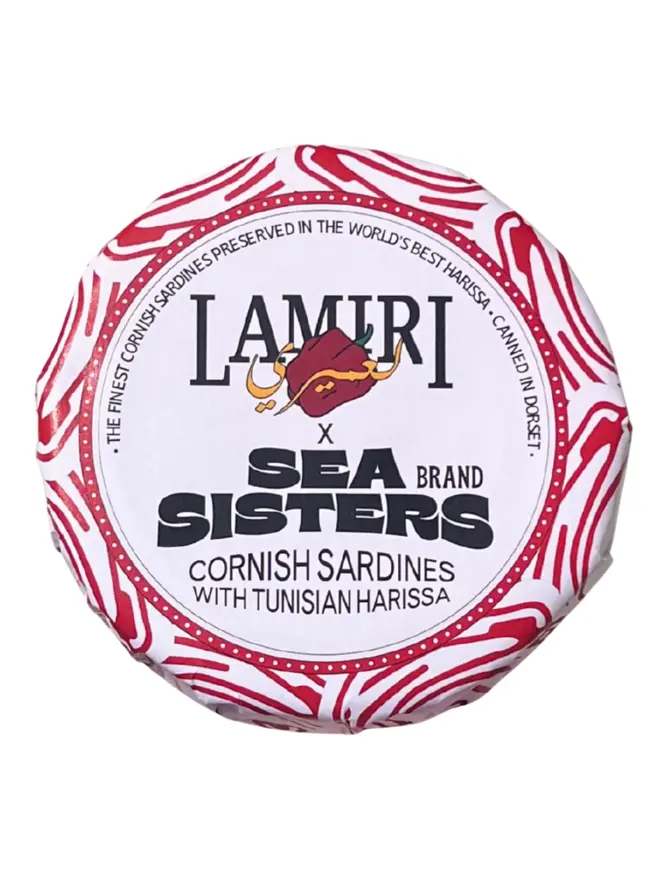 A closed tin of Lamiri X Sea Sisters Cornish Sardines with Tunisian Harissa on a white background