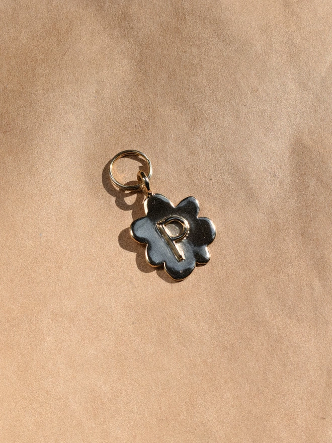 a brass pet tag in the shape of a flower lays shiny in the sun. it has a capital P in 3d added to the front.