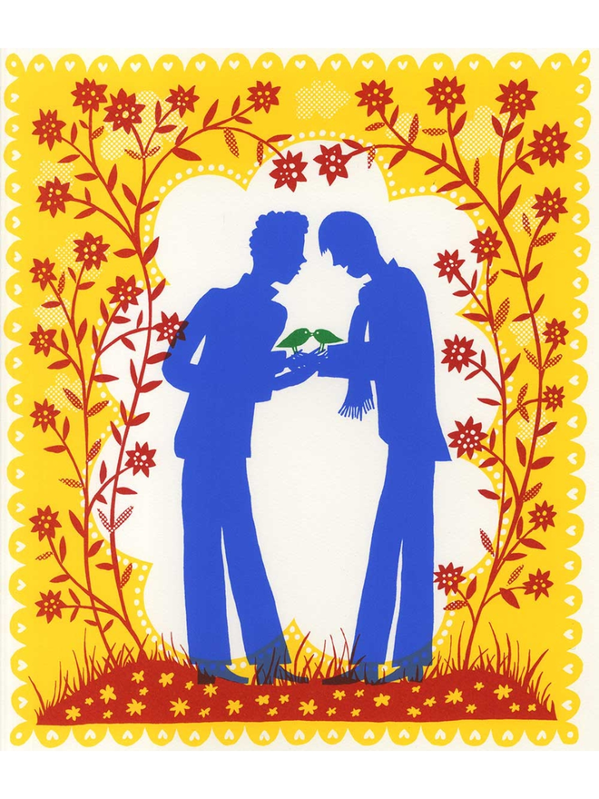 Male and Male VERSION. Bird People Screen print. Screenprint with a yellow background, red floral details and two blue figures holding two green birds in the centre.