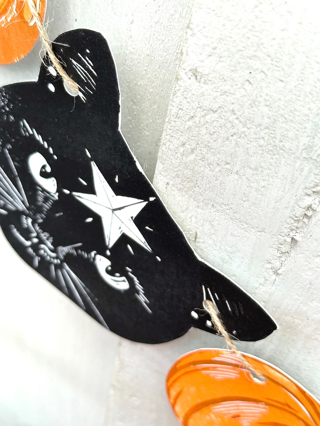 Black Cosmic Cat & Pumpkin Halloween Linocut Garland