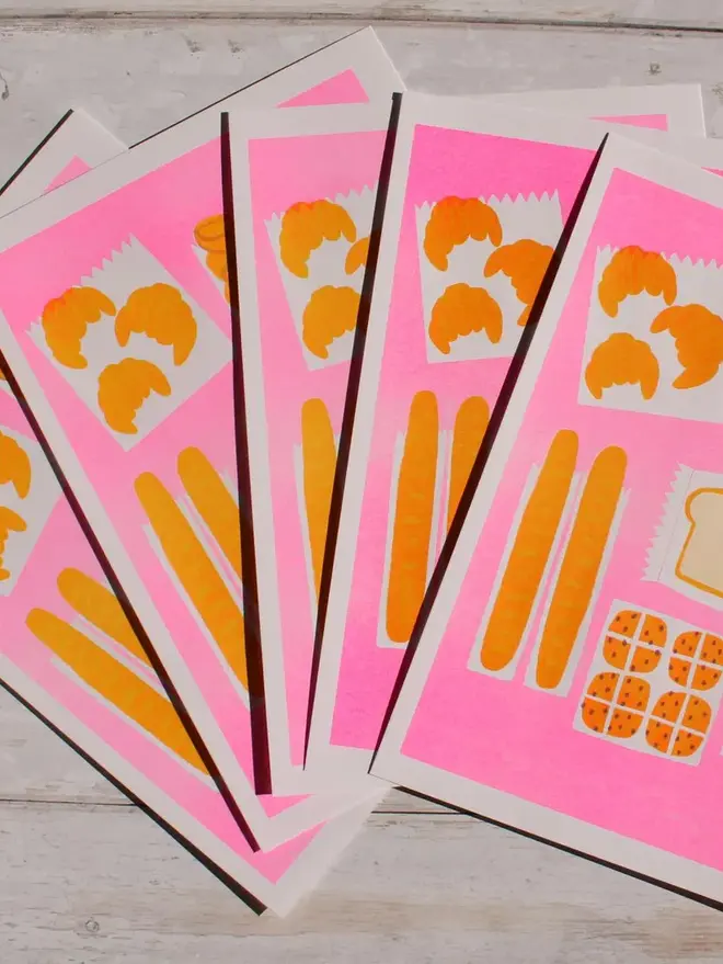 Bread, Croissants, Neon Pink A4 Risograph Print