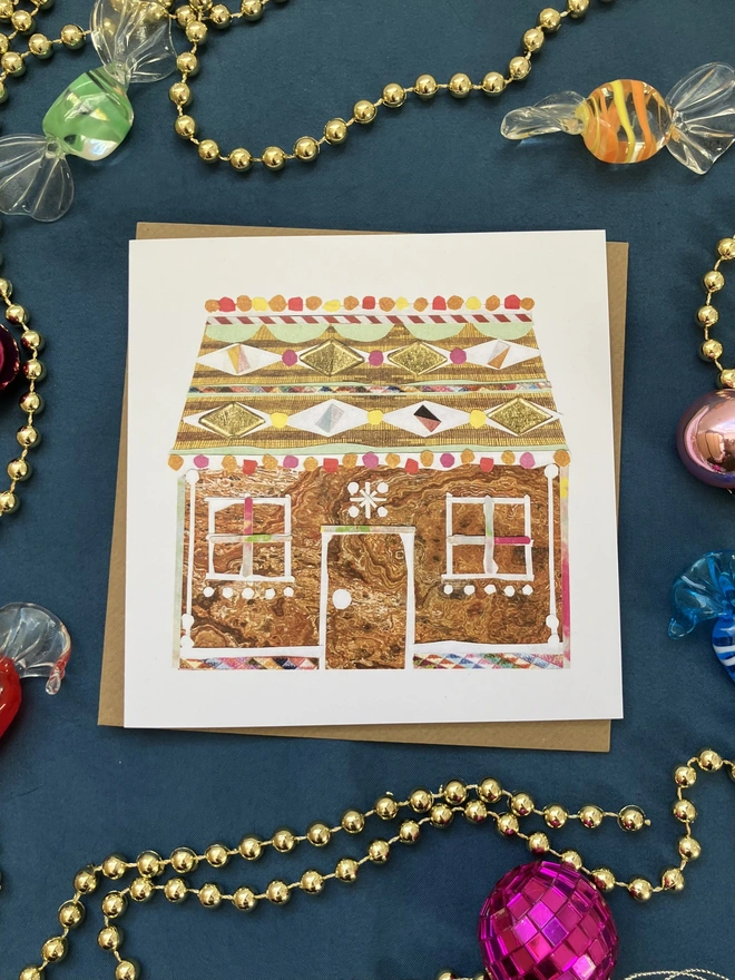 Gingerbread cottage christmas card and envelope with decorations