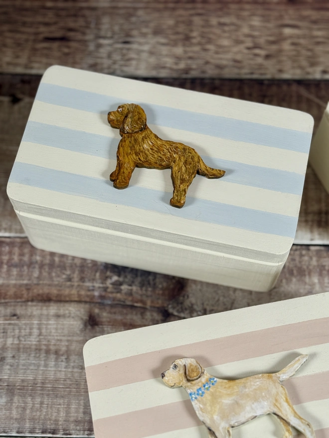 Blue and White Striped Dog  memory Box with a hand-painted ginger cockapoo on the lid