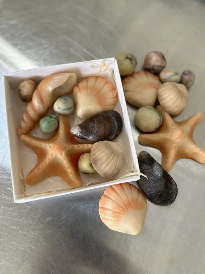 rock pool marzipan gift box. a selection of starfish, shell and pebble marzipan shapes.