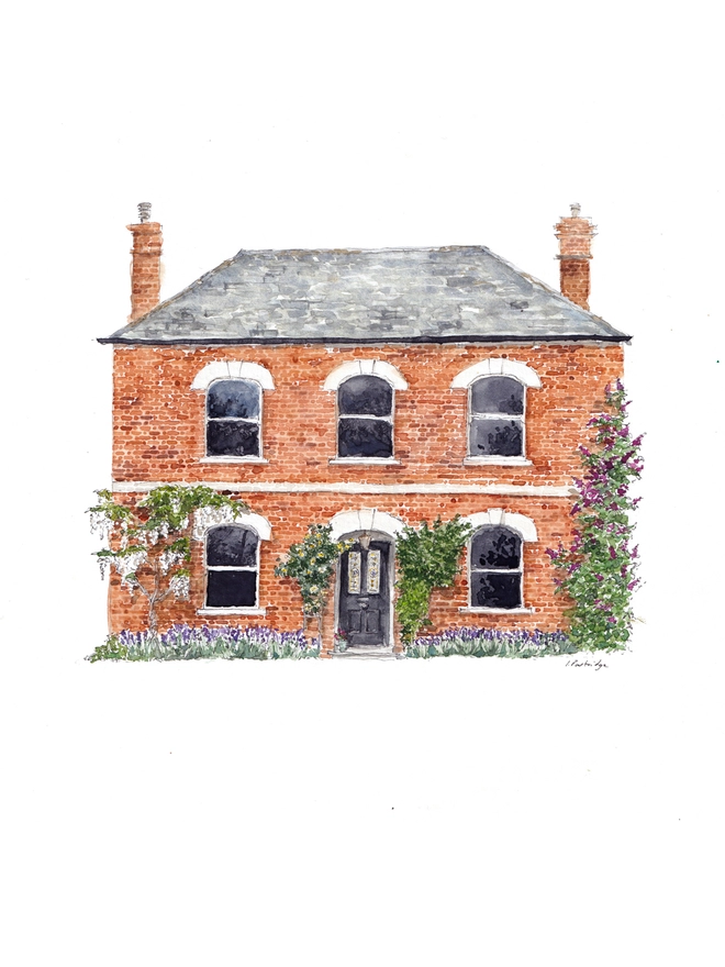An off white page with a beautiful red bricked period detached house sits in the centre, painted in intricate watercolour details. There is beautiful wiseria to the right and a yelow climbing rose over the door. 