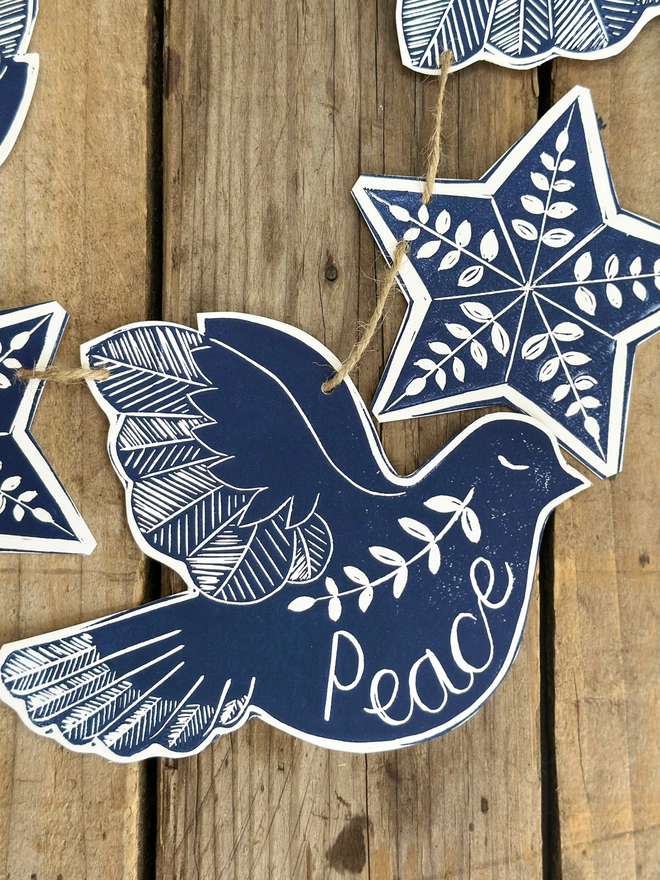 Dove Of Peace Hand Printed Linocut Scandi Style Garland With Folk Art Stars