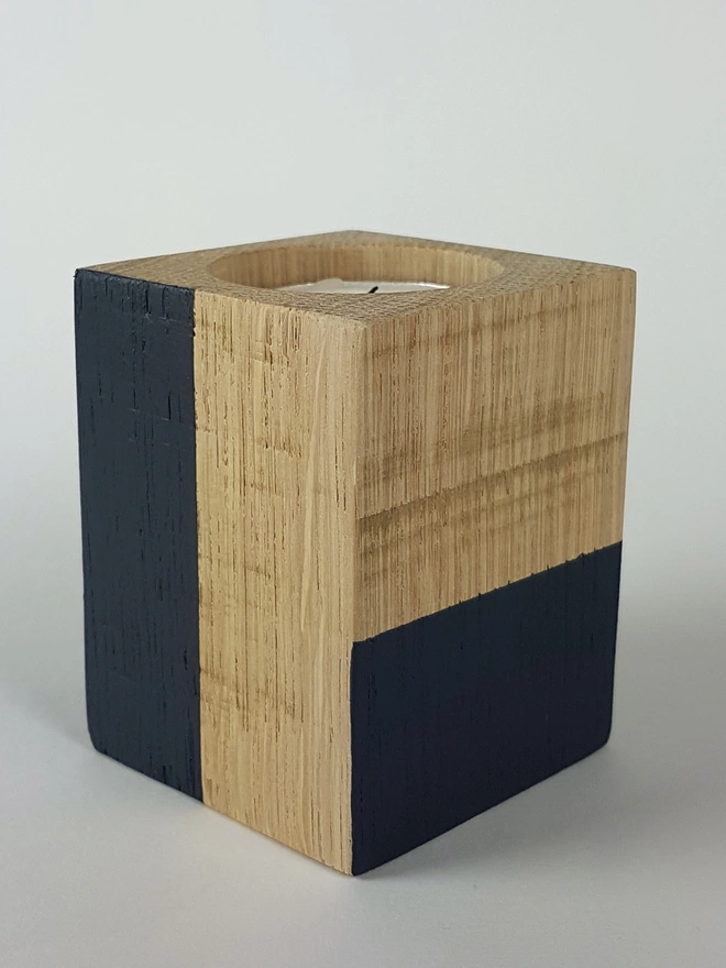 Navy painted wooden tealight holder 