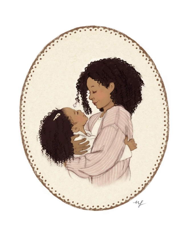 a private commissioned drawing print of a mother and her daughter drawn in a traditional hand drawn pencil style with beautiful warm hue colours the image is of a black woman and her daughter with curly afro caribbean hair. captured within a hand drawn oval mount cream and seoia and pink hues