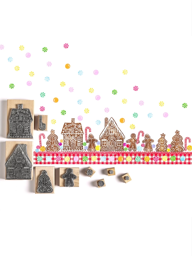 Gingerbread men and houses rubber stamps
