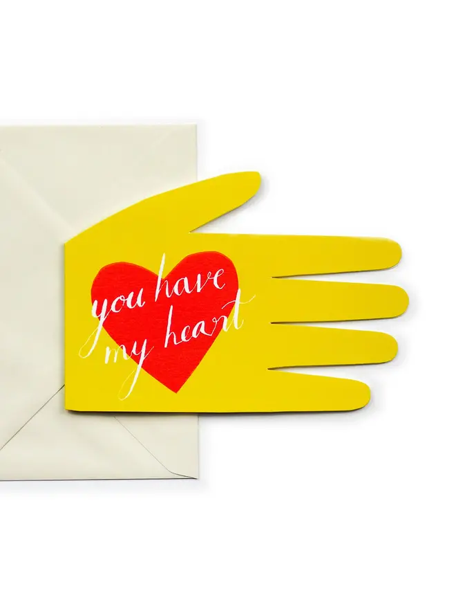 yellow hand shaped card with red heart