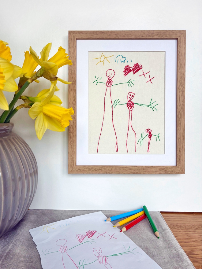 Bespoke embroidered children's illustration of a coloured pencil family drawing