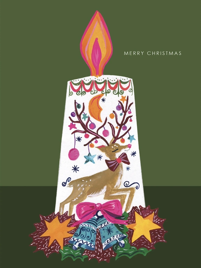 'Merry Christmas', Candle Reindeer Christmas Card