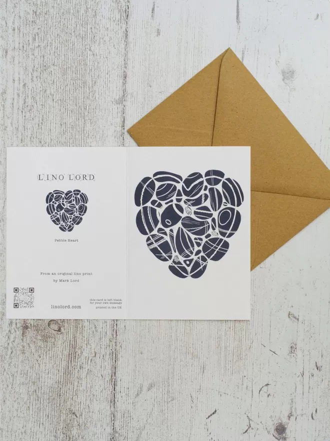 Greeting Card with an image of a Pebble Heart, taken from an original lino print