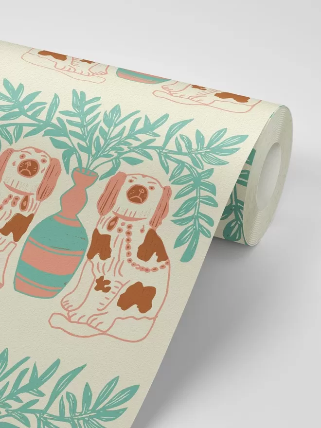 pair of dogs vintage brown wallpaper roll