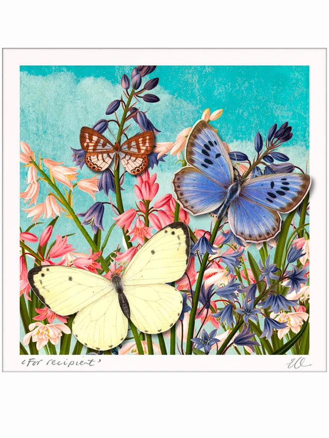 Artwork print of bluebell flowers against a blue sky with three butterflies.