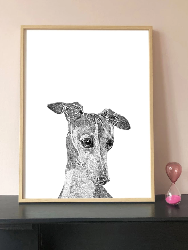 Art print of a hand drawn portrait of a greyhound dog displayed in a frame 