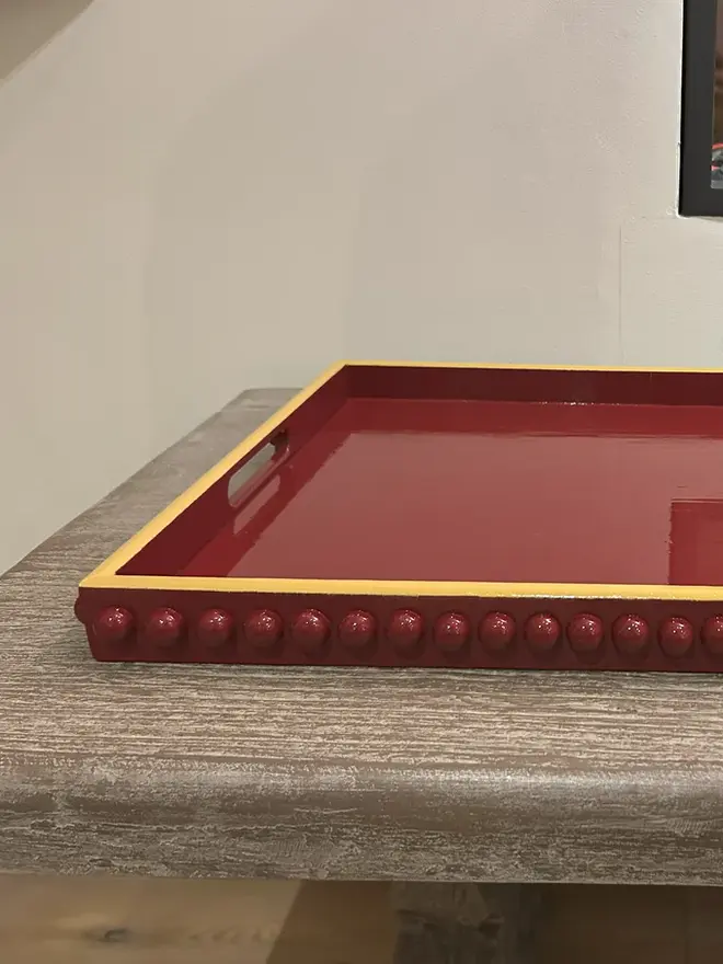 Red Bobbin Style Coffee Table Tray With Mustard Yellow Edge