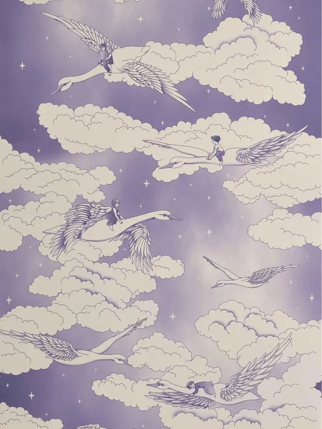 White Swans In Lavender Clouds Wallpaper