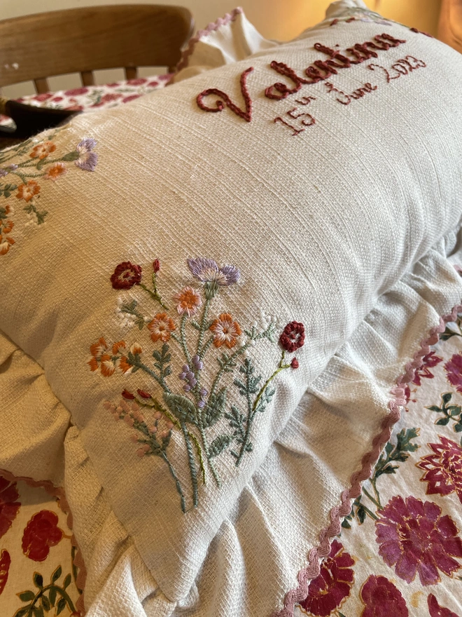 Hand embroidered bespoke Valentine’s Day cushion - red roses, romantic ruffle trim 