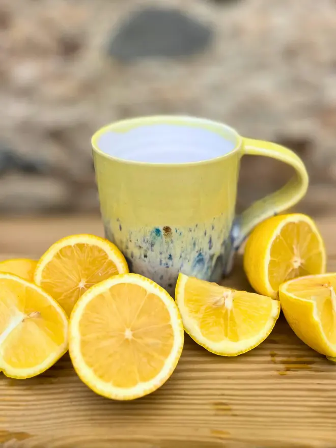 Shoreline Standard Mug, a colourful mug placed on a wooden surface. It is accompanied by fruit. 