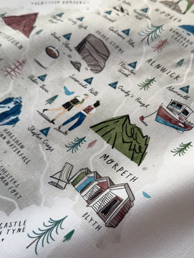 Walk Northumberland Map Tea Towel Close Up