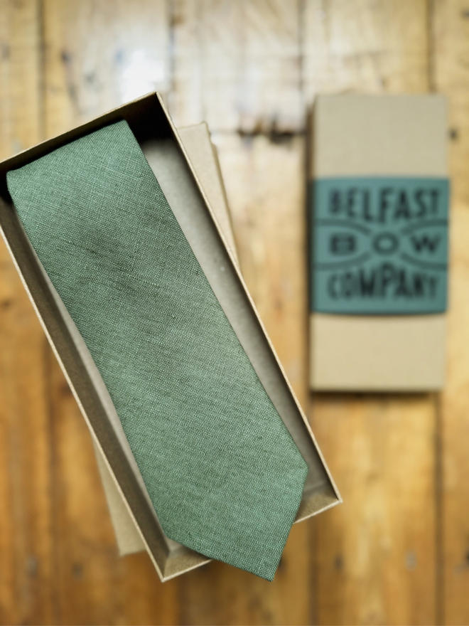 Irish Linen Tie in Olive Green handmade by the Belfast Bow Company