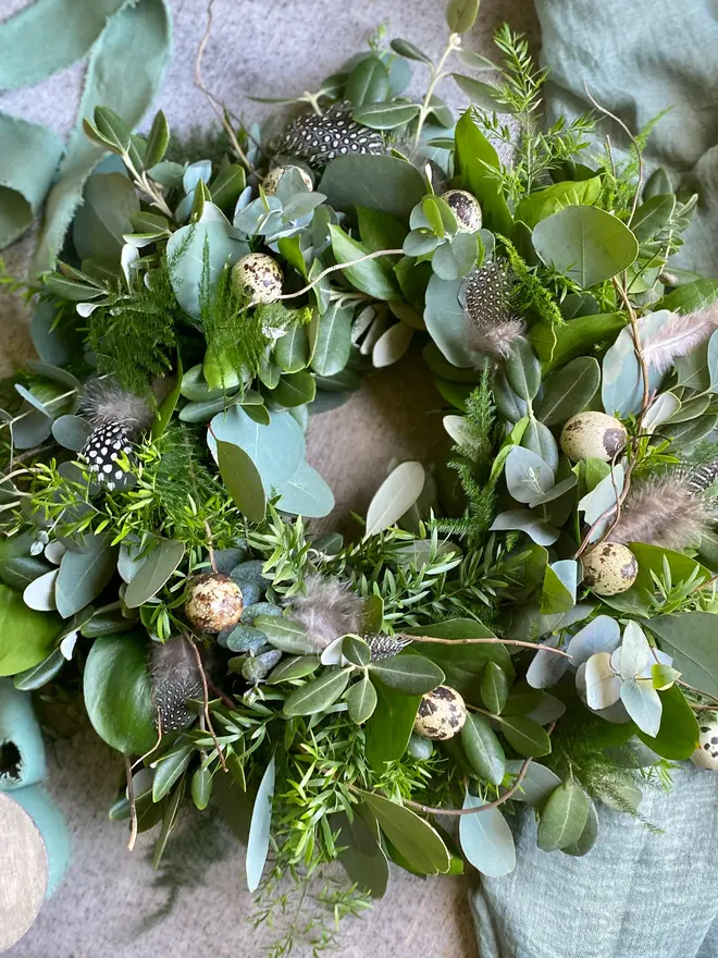 Spring Foliage Wreath with Quail Eggs & Feathers