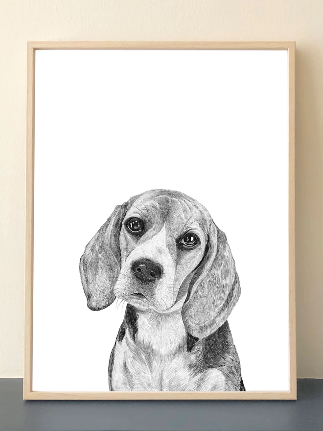 Art print of Beagle dog portrait displayed in a frame