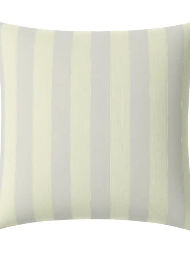 Hand Painted Sustainable Linen Cushion In Stripe Print, a metallic gold striped cushion against a white background. 